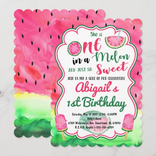 One in a Melon 1st Birthday Watermeloen Uitnodigin Kaart (Voorkant / Achterkant)