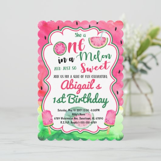One in a Melon 1st Birthday Watermeloen Uitnodigin Kaart (Staand voorkant)