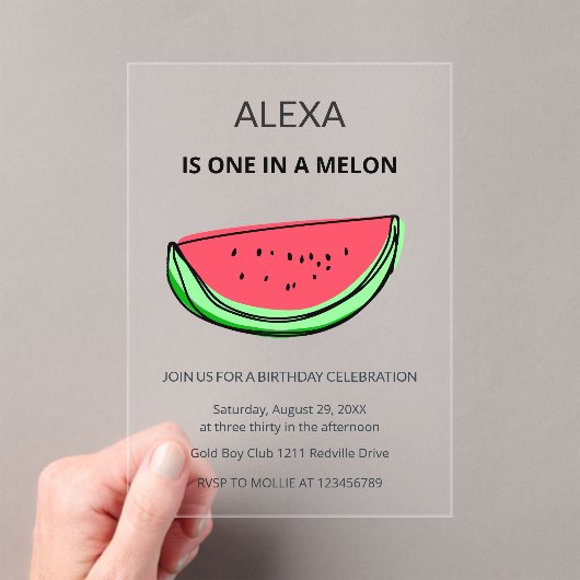 One in a Melon 1st Birthday Watermelon Birthday Acryl Uitnodigingen (Insitu (Draagbaar))