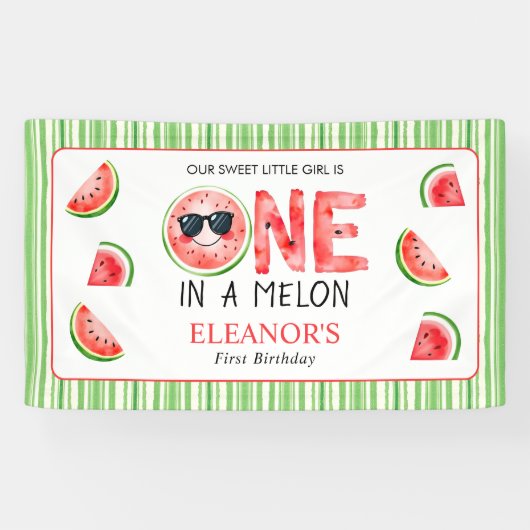 One in a melon 1st birthday watermelon party spandoek (Horizontaal)