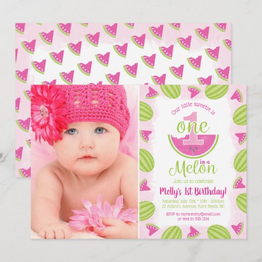 One in a Melon 1st Birthday Waterverf Foto Kaart (Voorkant / Achterkant)