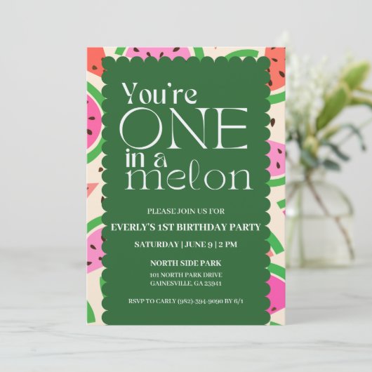 'One in a Melon' 1ste uitnodiging van de verjaarda (Staand voorkant)