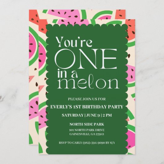 'One in a Melon' 1ste uitnodiging van de verjaarda (Voorkant / Achterkant)