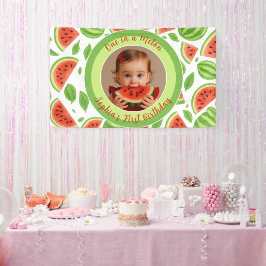 One In A Melon Custom Photo Watermelon Birthday  Spandoek (Feest)