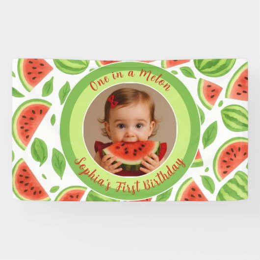 One In A Melon Custom Photo Watermelon Birthday  Spandoek (Horizontaal)