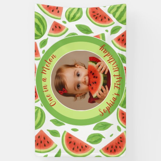 One In A Melon Custom Photo Watermelon Birthday  Spandoek (Verticaal)