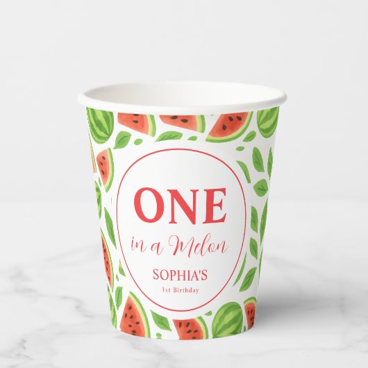One In A Melon Eerste Verjaardag Papieren Bekers (Voorkant)