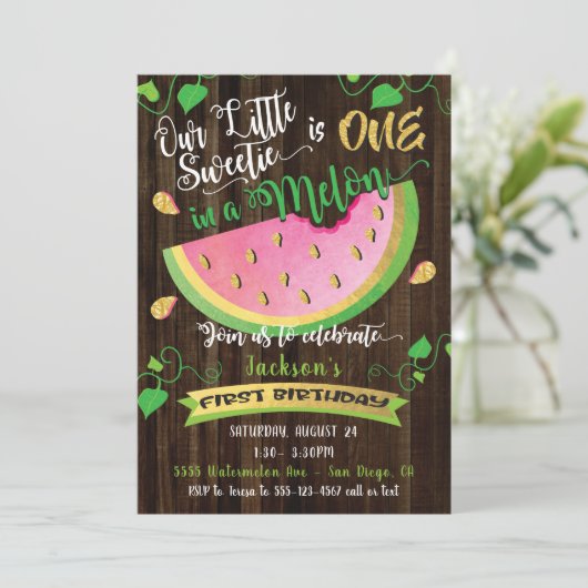 One in a Melon eerste verjaardagsfeestje uitnodigi Kaart (Staand voorkant)
