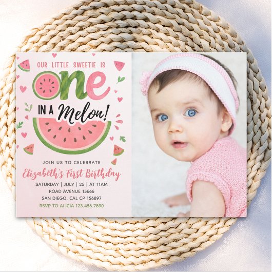 One in a Melon! First Birthday Girl With photo Kaart