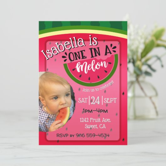 One in a Melon First Birthday invitation bright Kaart (Staand voorkant)