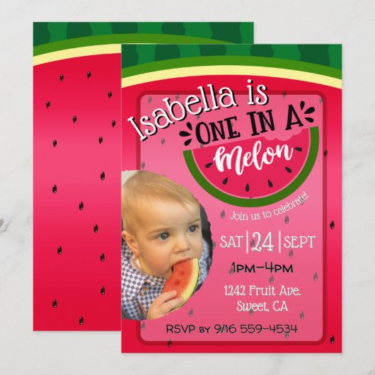 One in a Melon First Birthday invitation bright Kaart (Voorkant / Achterkant)