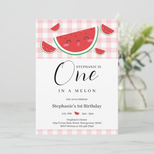 One in a Melon Gingham Zomer 1e Verjaardagsfeest Kaart (Staand voorkant)