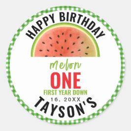 One in a Melon glitter watermelon 1st birthday Ronde Sticker