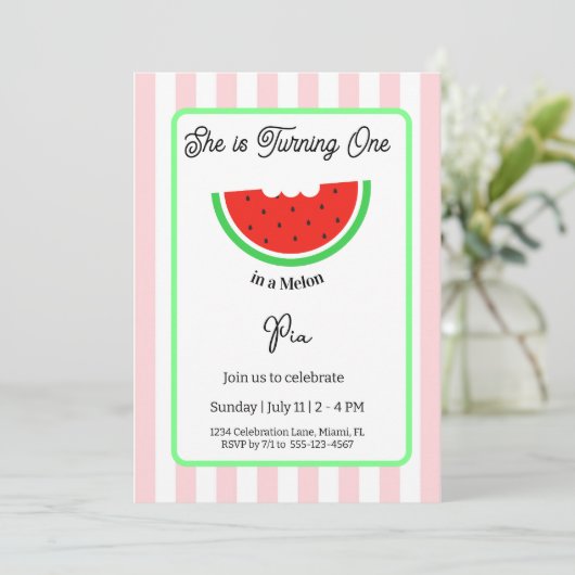 One in a Melon Invitation Kids Birthday Kaart (Staand voorkant)
