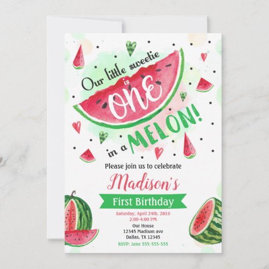One in a Melon Invitation, Watermeloen 1e verjaard Kaart (Voorkant)