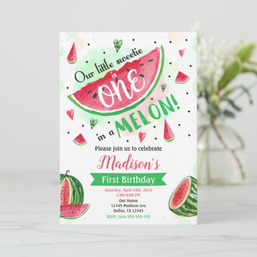 One in a Melon Invitation, Watermeloen 1e verjaard Kaart (Staand voorkant)