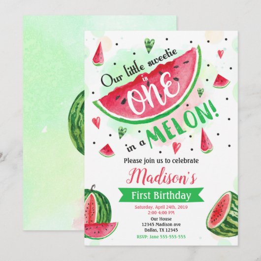 One in a Melon Invitation, Watermeloen 1e verjaard Kaart (Voorkant / Achterkant)