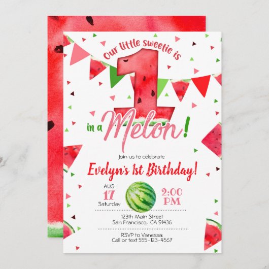 One in a Melon Invitation, Watermeloen 1e verjaard Kaart (Voorkant / Achterkant)