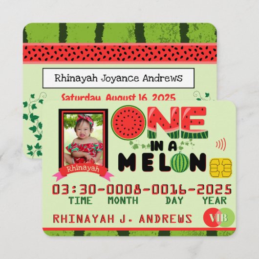 ONE in a Melon Photo Birthday Party Credit Kaart (Voorkant / Achterkant)