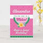 "One in a Melon" Roze watermeloen Birthday Kaart (Gele Bloem)