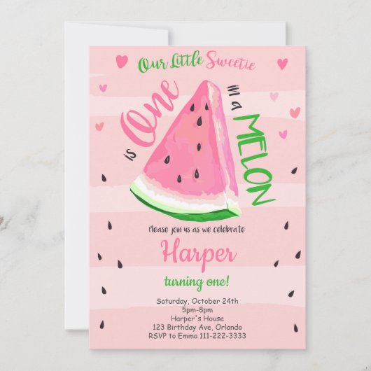 One in a Melon Roze Watermeloen Verjaardag Uitnodi Kaart (Voorkant)