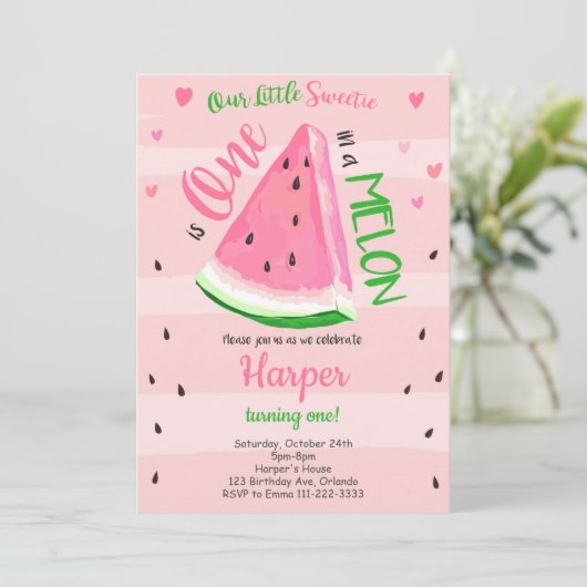 One in a Melon Roze Watermeloen Verjaardag Uitnodi Kaart (Staand voorkant)