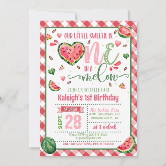 One in a Melon Verjaardagsuitnodiging - Gingham Kaart (Voorkant)