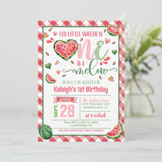 One in a Melon Verjaardagsuitnodiging - Gingham Kaart (Staand voorkant)