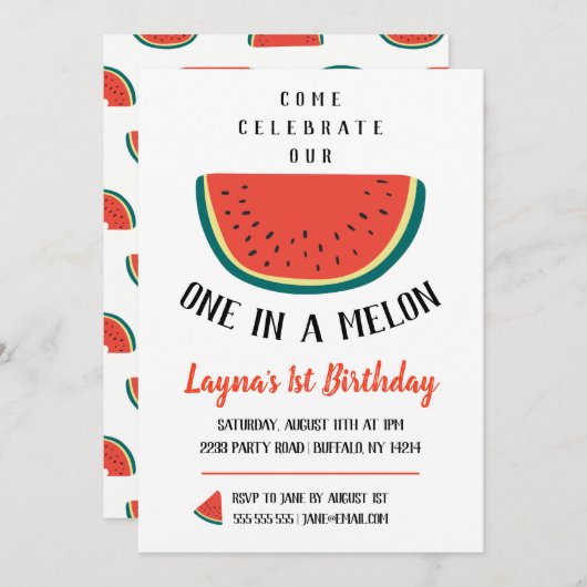 ONE in a Melon verjaardagsuitnodiging Kaart (Voorkant / Achterkant)