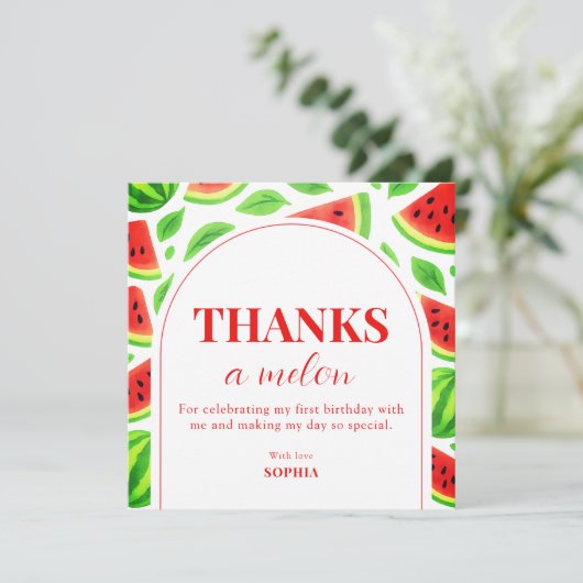 One In A Melon Watermelon 1st Birthday  Bedankkaart (Staand voorkant)