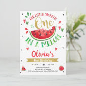 One In A Melon Watermelon 1st Birthday Invitation Kaart (Staand voorkant)