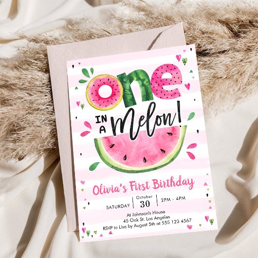 One In A Melon Watermelon 1st Birthday Invitation Kaart