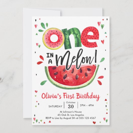 One In A Melon Watermelon 1st Birthday Invitation Kaart (Voorkant)