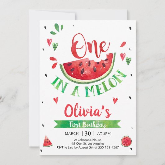 One In A Melon Watermelon 1st Birthday Invitation Kaart (Voorkant)