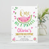 One In A Melon Watermelon 1st Birthday Invitation Kaart (Staand voorkant)