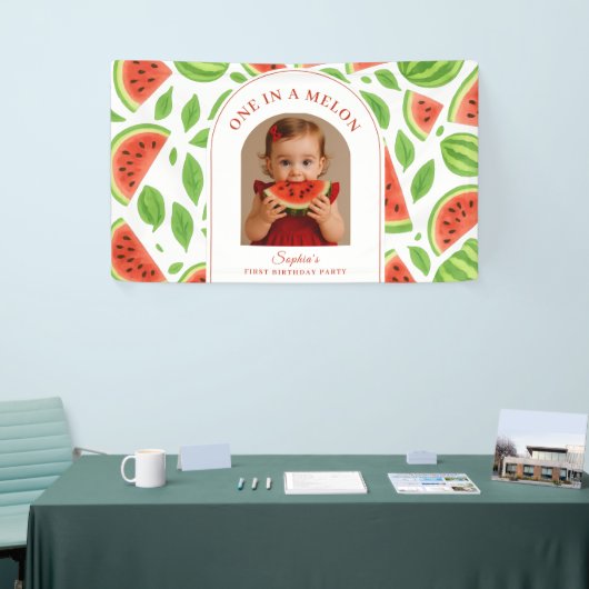 One In A Melon Watermelon Custom Photo Birthday Spandoek (Beurs)