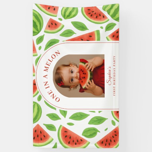 One In A Melon Watermelon Custom Photo Birthday Spandoek (Verticaal)