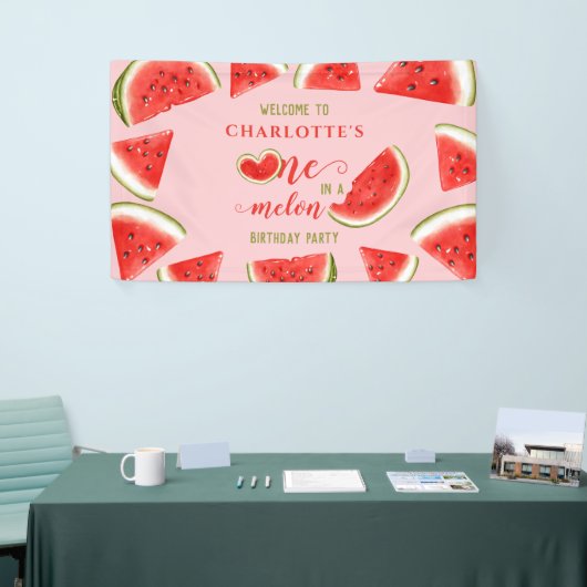 One In A Melon Watermelon Roze Verjaardag Welkom Spandoek (Beurs)