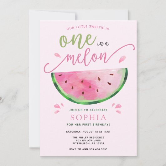 One in a Melon Watermelon Verjaardagsuitnodiging Kaart (Voorkant)