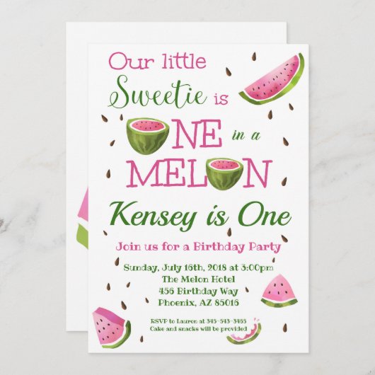 One in a Melon Watermelon Verjaardagsuitnodiging Kaart (Voorkant / Achterkant)