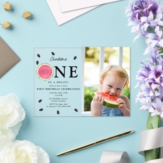 One in a Melon Watermelon Zomerfoto Verjaardag Acryl Uitnodigingen (Insitu (Huwelijk))