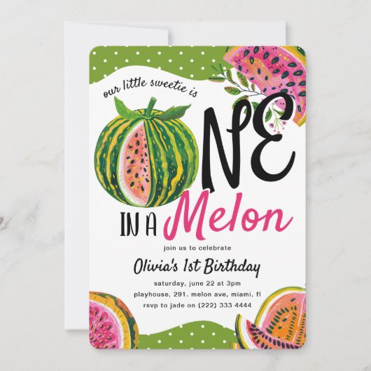 One in a Melon' Whimsical 1st Birthday Kaart (Voorkant)