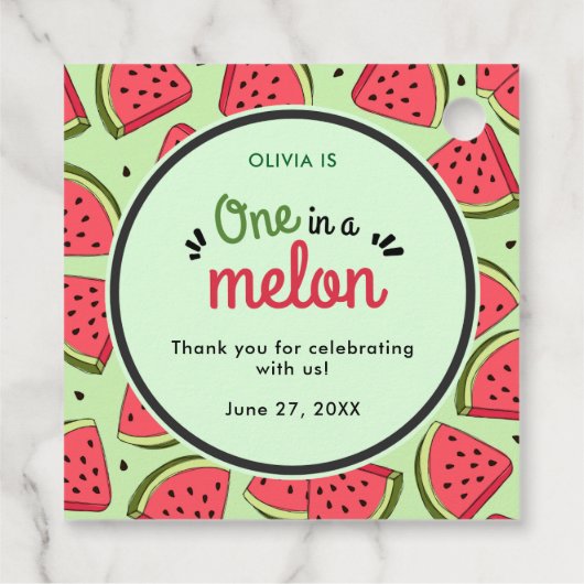 One in a Melon Zomer 1e Verjaardag Bedankt Bedankjes Labels (Achterkant)