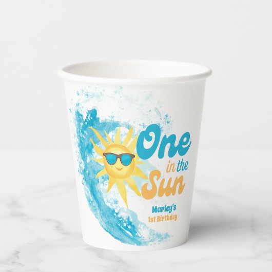 One in the Sun 🌞 1st Birthday Beach & Surf  Papieren Bekers (Voorkant)