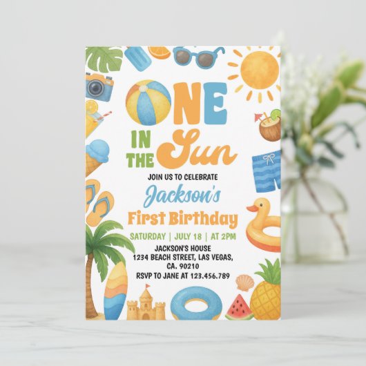 One In The Sun 1st Birthday Summer Party Kaart (Staand voorkant)