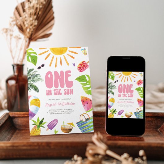 ONE in the Sun Roze Zomer Verjaardag Uitnodiging