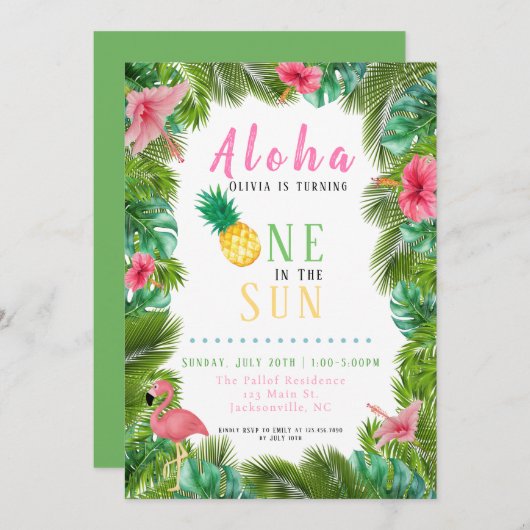 One in the Sun Tropical First Birthday Uitnodiging (Voorkant / Achterkant)
