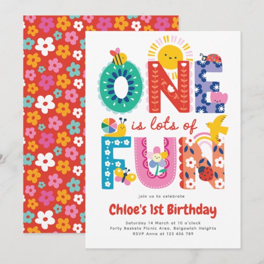 One is Fun Invitation, Girls First Birthday  Kaart (Voorkant / Achterkant)