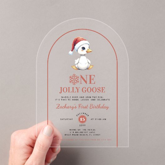 One Jolly Goose Modern Christmas First Birthday Acryl Uitnodigingen (Insitu (Draagbaar))