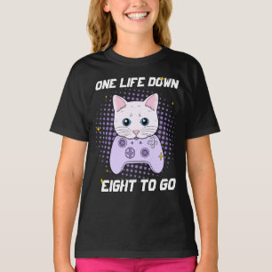 One Life Down Gamer White Paarse Cartoon Cat T-shirt
